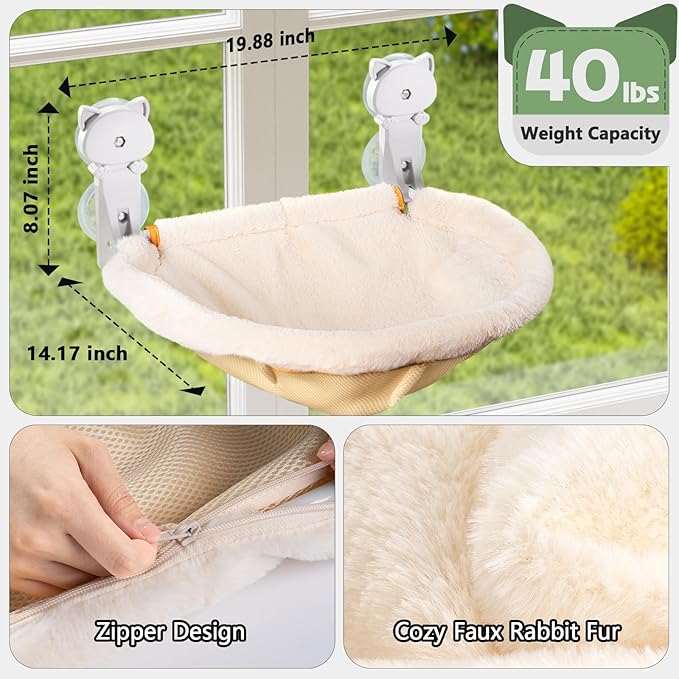 Cat Window Perch Cordless, Foldable & Stable Cat Beds- Breathable Cat Window Hammock for Overlooking, Sunbathing and Climbing - Maximum Hold Up to 40lb