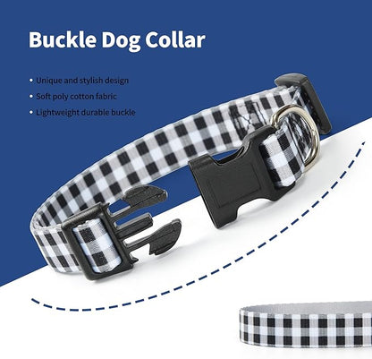 Mile High Life Dog Collar | Cute Puppy Collars | Lightweight Girl Dog Collar | Soft Boy Dog Collars | w Geometric Plaid Wave Line Pattern (White Plaid, Medium)