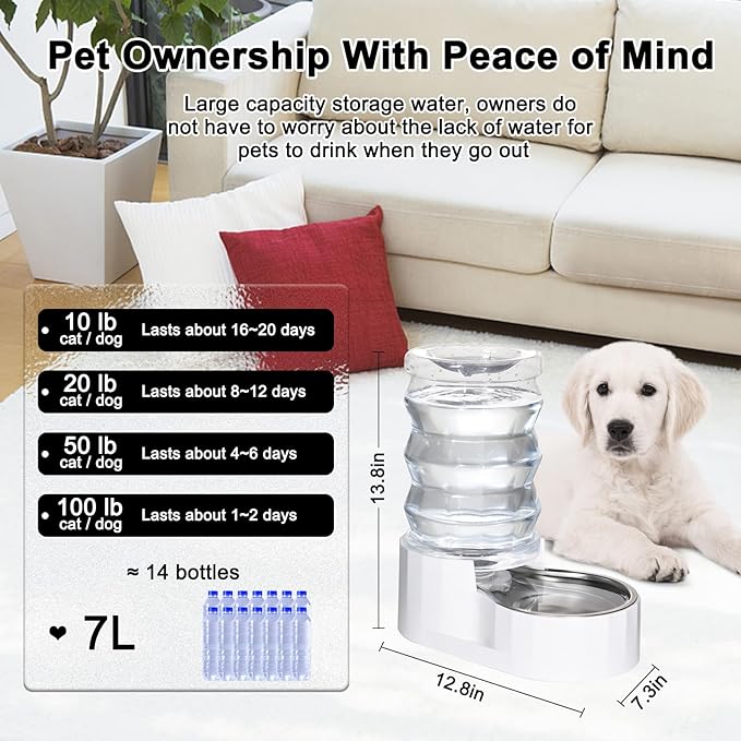 RIZZARI Automatic Gravity Pet Waterer: 7L White Stainless Steel Water Dispenser - Large Capacity Water Feeder for 25-35 LB Senior Dogs with Spinal Issues - for Living Room Bedroom