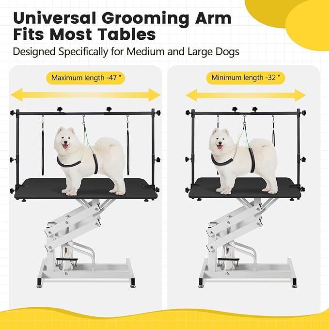 Dog Grooming Table Arm - Adjustable 35" Height, 32"-47" Width, Dog Grooming Arm with Clamp and No-Sit Haunch Holders - Perfect for Medium & Large Pets (Grooming Table Not Included)
