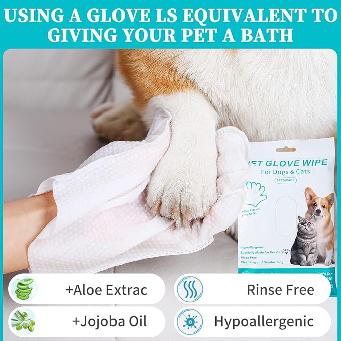 Pet Glove Wipes for Dogs Cats, Extra Thick Hypoallergenic Dog Dry Cleaning Bath Gloves Wipes Deodorizing for Paws/Butt/Teeth/Ear/Eye, Cat Grooming Glove Wipes for Daily Care Traveling(6pcs)