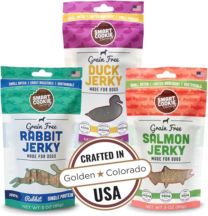 Smart Cookie Jerky Dog Treats - 3 Flavor Variety Pack - Rabbit, Salmon & Duck Jerky Dog Treats - Training Treats for Dogs, Puppies with Allergies, Sensitive Stomachs - Grain Free, Made in USA - 3oz