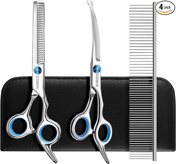 3 in 1 Dog Grooming Scissors Kit with Safety Round Tips Dog Scissors for Grooming 4CR Stainless Steel Grooming Scissors for Dogs and Cats, Professional Pet Grooming Shears, 3 in 1 Blue