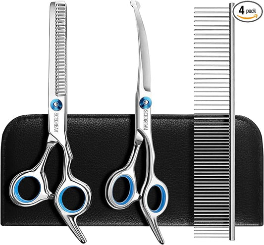 3 in 1 Dog Grooming Scissors Kit with Safety Round Tips Dog Scissors for Grooming 4CR Stainless Steel Grooming Scissors for Dogs and Cats, Professional Pet Grooming Shears, 3 in 1 Blue