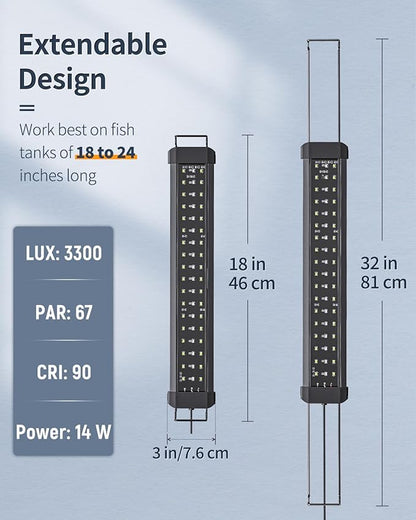 Pawfly 14W Aquarium LED Light for 18 to 24 Inch Extendable Fish Tank Light with Full Spectrum Brilliant White Blue Red Lights with Daytime & Night Modes Timer Auto On/Off Adjustable Brightness