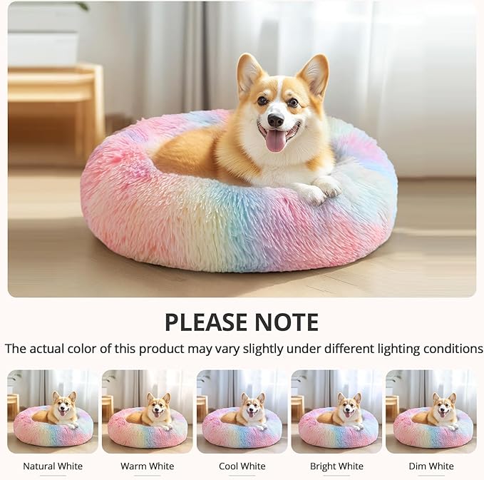 JOLLYVOGUE Dog Beds for Medium Dogs, Anti-Anxiety Washable Round Bed, Calming Donut Dog Cat Bed for Puppy Bed, Fluffy Dog Beds for Medium Dogs, Round Puppy Bed for Indoor Pet (28"/Rainbow