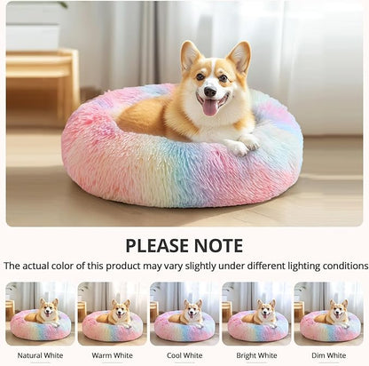 JOLLYVOGUE Dog Beds for Medium Dogs, Anti-Anxiety Washable Round Bed, Calming Donut Dog Cat Bed for Puppy Bed, Fluffy Dog Beds for Medium Dogs, Round Puppy Bed for Indoor Pet (28"/Rainbow