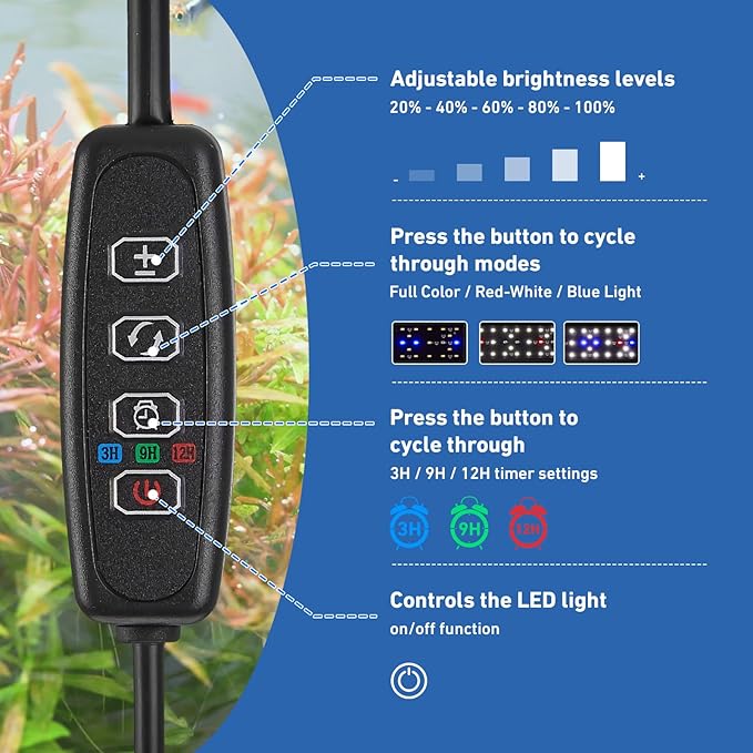LED Aquarium Light for 12–18 Inch Fish Tanks – Timer with Auto On/Off, 10-Level Brightness, White/Blue/Red+White Modes, Extendable Brackets & Hanging Design (Rope Not Included) (12-18inch)