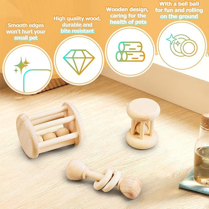 3 Pcs Natural Wooden Bunny Toys, Safe Rabbit Toys for Guinea Pig Chinchillas Hamsters Small Animals Playing Teeth Grinding Indoor Outdoor