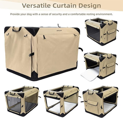 Pettycare 30 Inch Collapsible Dog Crate with Curtains Travel Dog Crate for Airflow and Calm Soft Pet Kennel with Portable Bag and More Chew Proof Mesh Indoor & Outdoor Beige 4 Door Curtains