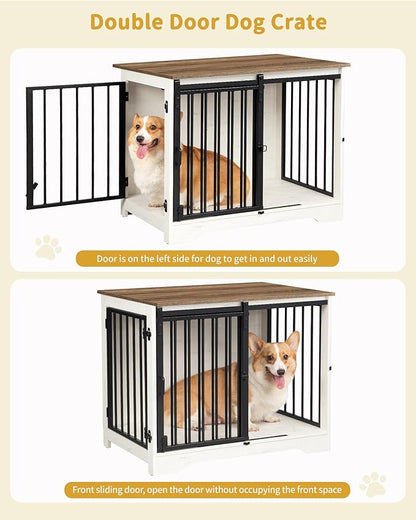 Dog Crate Furniture, 32" Double Door Dog Crate with Barn Door, Dog Kennel Indoor, End Side Table Wooden Dog Crates for Small Medium Large Dogs, Anti-Chew Anti-Escape, White Brown DFC83614B