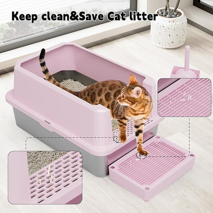 RIZZARI Large Cat Litter Box: Pink Semi-Closed Stainless Steel Litter Box with High Edges - Odorless Litter Pan Anti Leakage for Small to Large Cats for Bedroom Living Room