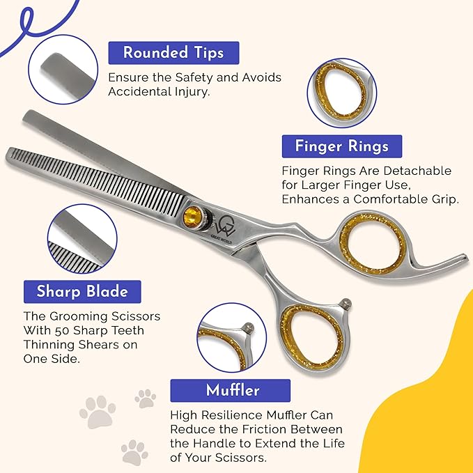 8.5'' Professional Thinning Grooming Scissors for Cats and Dogs, 50-Tooth Blending Shears, Sharp J2 Stainless Steel Blades with Safety Round Tip, Yellow Jeweled Screw, Silver Includes Cleaning Brush.