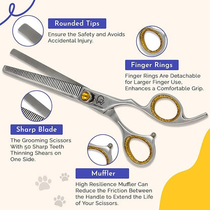 8.5'' Professional Thinning Grooming Scissors for Cats and Dogs, 50-Tooth Blending Shears, Sharp J2 Stainless Steel Blades with Safety Round Tip, Yellow Jeweled Screw, Silver Includes Cleaning Brush.