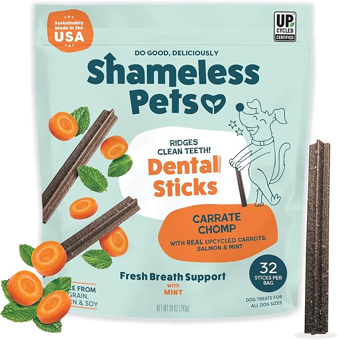 Shameless Pets Dental Treats for Dogs, Carrate Chomp (32 Sticks) - Dental Sticks with Skin & Coat Support for Teeth Cleaning & Fresh Breath - Dog Bones Dental Chews Free from Grain, Corn & Soy