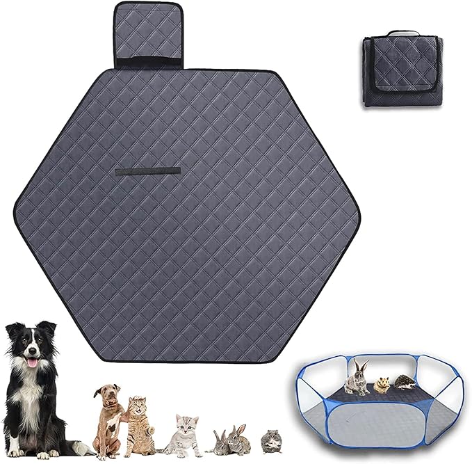 Hexagon Washable Liner for Small Animal Playpen, Portable Reusable Guinea Pig Playpen Pad Hamster Cage Pee Pad Super Absorbent Indoor Waterproof Anti-Slip for Rabbit Bunny (Dark Grey -47Inch)