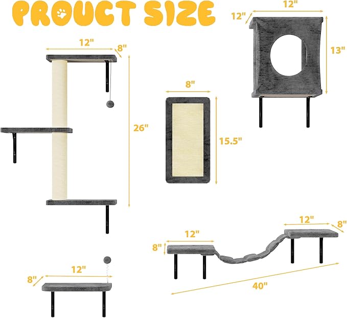 NUNU LAB Cat Wall Shelves, 10-in-1 Wall-Mounted Cat Furniture Set, Large Cat Climber Set with House, Bridge, Steps, Scratcher, DIY Playground, Shelves for Indoor Wall Furniture Set - Gray