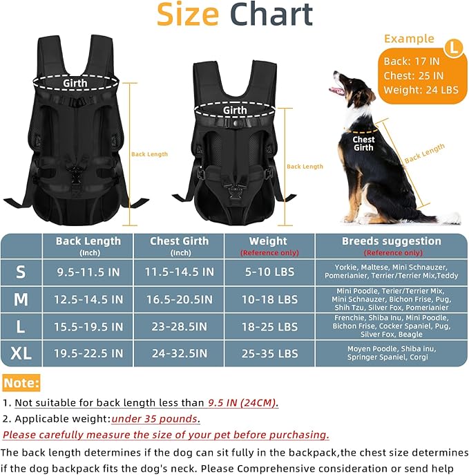 Dog Front Carrier Backpack, Dog Backpack Carrier Soft Pad, Pet Legs Out, Easy-Fit Dog Front Carrier for Small Medium Puppy, Hands Free Dog Carrier Adjustable for Cycling Hiking (Black, M)