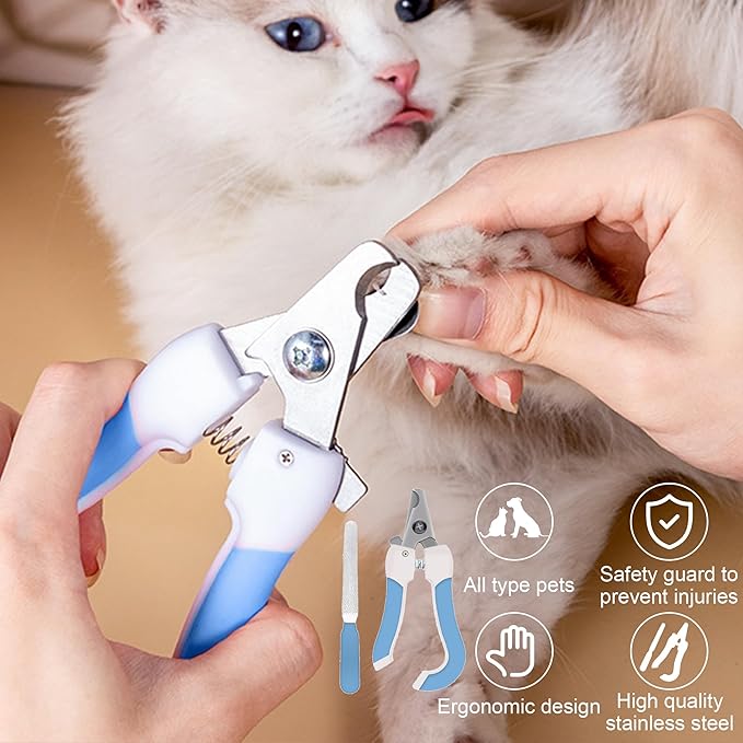 Pet Grooming Brush Kit 7pcs, Cat Brush with Release Button Comb Set for Shedding -Cat Brush&Nail Clippers File Set for Cat Dogs Long matted Haired Pets and Nail Repair(Blue)