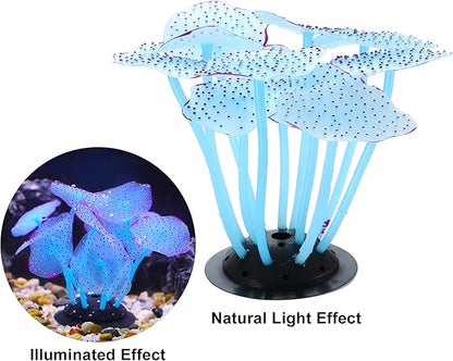 VOCOSTE Soft Silicone Glowing Aquarium Mushroom Coral, Fluorescence Aquatic Artificial Coral for Fish Tank Decoration, Blue