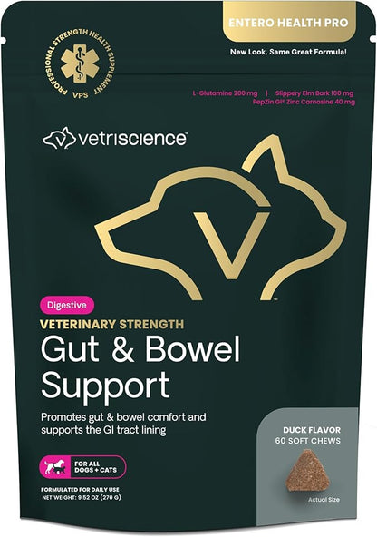 VETRISCIENCE Veterinary Strength Gut & Bowel Support for Dogs & Cats - Pet Digestive Health Supplement - Gut Health Formula - Intestinal Support - Duck Flavor - 60 Count