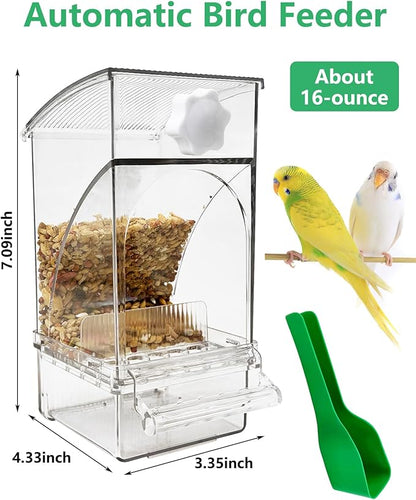 Hamiledyi No Mess Bird Feeder Automatic Transparent Acrylic Parrot Seed Food Container with Perch Bird Cage Accessories for Parakeet Finch Lovebirds Budgies Canary