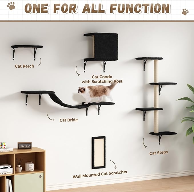Cat Wall Shelves, Wall Mounted Cat Furniture, Cat Wall Climber with Bridge, Perches, Ledges and Beds, Kitty Jungle Gym for Wall, Set of 5 (Black)