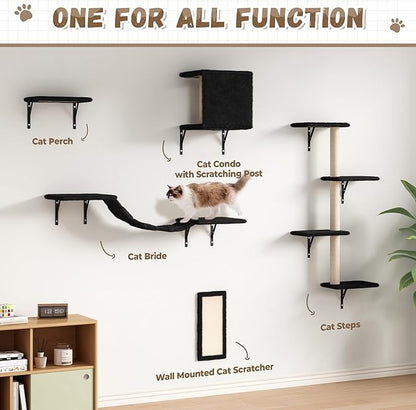 Cat Wall Shelves, Wall Mounted Cat Furniture, Cat Wall Climber with Bridge, Perches, Ledges and Beds, Kitty Jungle Gym for Wall, Set of 5 (Black)
