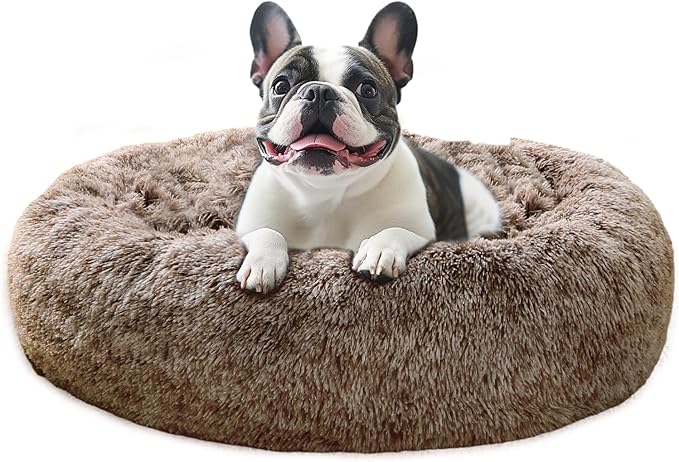 JOLLYVOGUE Dog Beds for Medium Dogs, Anti-Anxiety Washable Round Bed, Calming Donut Dog Cat Bed for Puppy Bed, Fluffy Dog Beds for Medium Dogs, Round Puppy Bed for Indoor Pet (28"/Smoke Brown