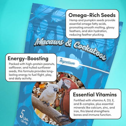 Mycelium Premium Macaw & Cockatoo Food | High Protein & Fiber | Safe & Clean Pet Bird Food | Seed Blend with Vitamins, Corn, Buckwheat, Sunflower, Peanuts & Hemp Seed | Organic, Non-GMO 5 lb Bag