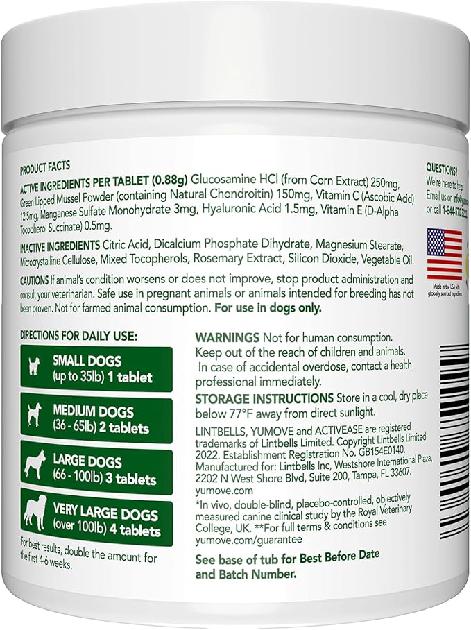 YuMOVE Hip & Joint Supplement for Dogs with Glucosamine, Hyaluronic Acid, Green Lipped Mussel & Omega 3 Joint Supplement - Regular or Advanced Strength (120ct, Chewable Tablets)
