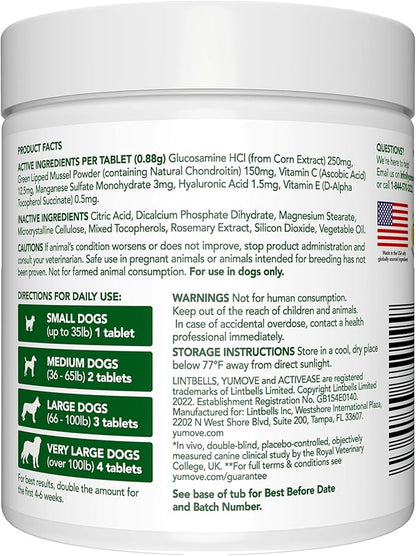 YuMOVE Hip & Joint Supplement for Dogs with Glucosamine, Hyaluronic Acid, Green Lipped Mussel & Omega 3 Joint Supplement - Regular or Advanced Strength (120ct, Chewable Tablets)