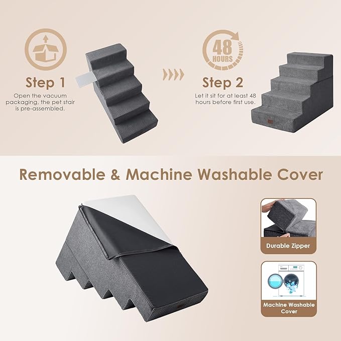 EHEYCIGA Dog Stairs for High Bed 25”H, 5-Step Extra Wide Dog Steps for Bed, Pet Steps for Small Dogs and Cats, Non-Slip Balanced Dog Indoor Ramp, Grey