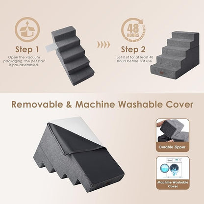 EHEYCIGA Dog Stairs for High Bed 25”H, 5-Step Extra Wide Dog Steps for Bed, Pet Steps for Small Dogs and Cats, Non-Slip Balanced Dog Indoor Ramp, Grey