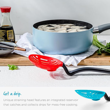 Dreamfarm Lestrain 2-in-1 Drip-Catching Sit-Up Slotted Cooking Spoon Scoop & Strainer - 11" Red