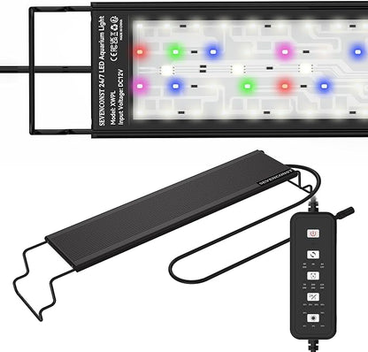 LED Aquarium Light, 24/7 Mode IP68 for Plants-Full Spectrum Fish Tank Light, 24-30 Inch, Sunrise-Daylight-Moonlight, White Blue Red Green Pink LEDs with Extendable Brackets for Freshwater