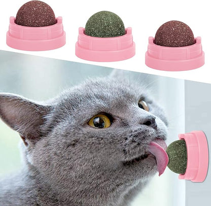 3 Pack Catnip Balls, Catnip Ball for Cats Wall, Edible Kitty Toys for Cats Lick, Safe Healthy Kitten Chew Toys, Teeth Cleaning Dental Cat Toys, Cat Wall Treats (Pink)