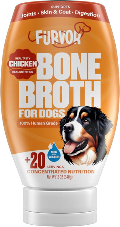 Chicken Bone Broth for Dogs - Collagen Protein Supplement for Digestion, Mobility, Coat, Immunity, Healthy Dog Food Topper, Human Grade Meal Boost Gravy, Just Add Water, Made in USA, 12 oz