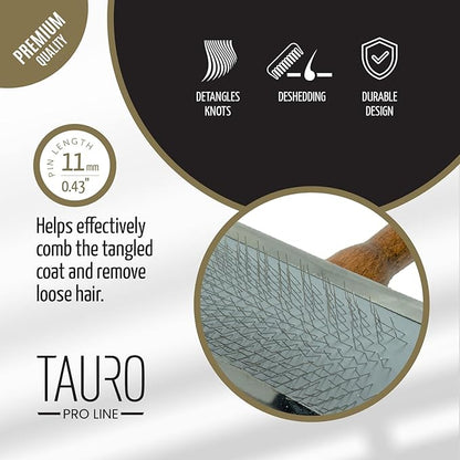TAURO PRO LINE Wooden Dog Brush for Shedding Long and Short Hair, Wooden Soft Slicker for Grooming Haired Dogs and Cats, Metal Teeth And Sleek Design, 5,31 x 4,72 inch, L, Brown
