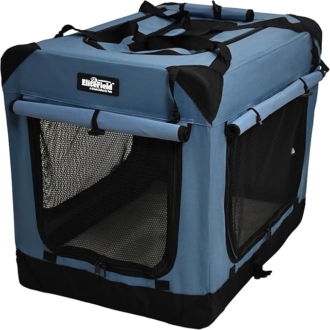 EliteField 4-Door Folding Soft Dog Crate with Curtains, Carrying Bag and Fleece Bed (2 Year Warranty), Indoor & Outdoor Pet Home (42" L x 28" W x 32" H, Blue Gray+4 Door Curtains)