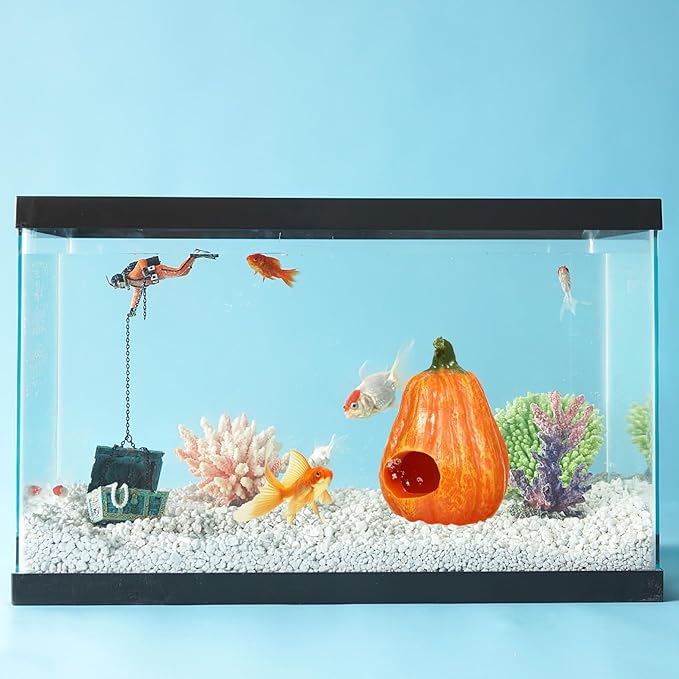 POPETPOP Resin Pumpkin Aquarium Décor Ornaments, Fish Tank Safe Decorations, Small Turtles Hiding Hole Cave, Table Decor Reptile Box Shelter Habitat -Thin Pumpkin