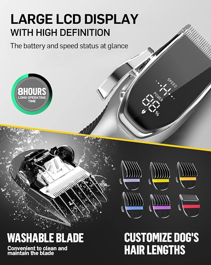 Dog Grooming Kit Low Noise Dog Clippers for Grooming Rechargeable Cordless Dog Grooming Clippers 2 Speed 6 Guards for Thick Knot Coats Pet Grooming Kit for Small Medium Large Dogs Cats (Sliver)