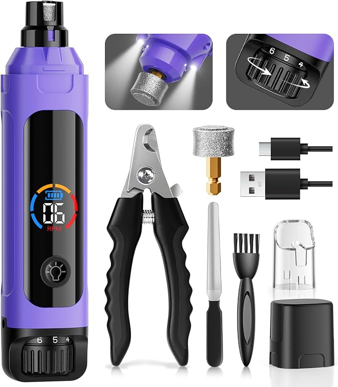 Dog Nail Grinder, 6-Speed Quiet Electric Dog Nail Trimmers, Dog Nail Clippers with File for Small Medium Large Dogs, Cats, Rechargeable Pet Paw Grooming Supplies Kit, 2 Grinding Wheels (Purple)