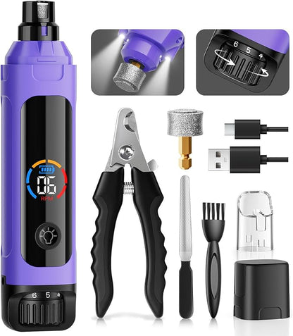 Dog Nail Grinder, 6-Speed Quiet Electric Dog Nail Trimmers, Dog Nail Clippers with File for Small Medium Large Dogs, Cats, Rechargeable Pet Paw Grooming Supplies Kit, 2 Grinding Wheels (Purple)