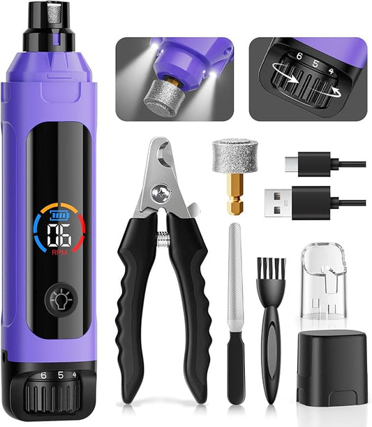 Dog Nail Grinder, 6-Speed Quiet Electric Dog Nail Trimmers, Dog Nail Clippers with File for Small Medium Large Dogs, Cats, Rechargeable Pet Paw Grooming Supplies Kit, 2 Grinding Wheels (Purple)