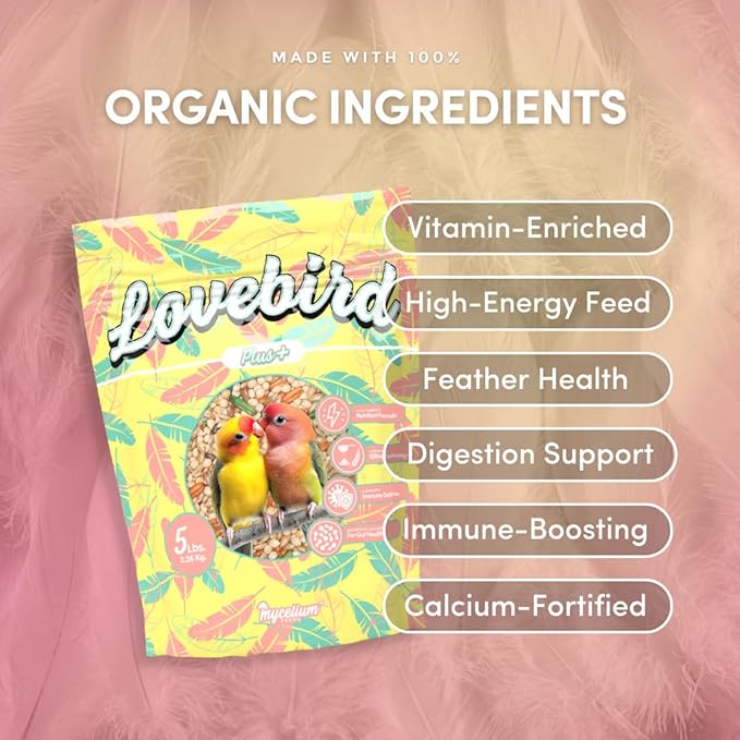 Mycelium Lovebird Plus Bird Food (5 LB Bag) | Organic, Non-GMO Bird Seed for Lovebirds & Small Parrots | Filler-Free & Nutrient-Rich | High Energy, Immune Support, Vitamin-Enriched | USA Made