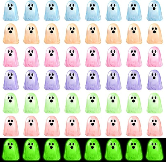 56 Pcs Luminous Mini Ghosts,Halloween Tiny Resin Ghosts Figures Glow in The Dark mini Ghosts Miniature Statue for Plant Pot Landscape Lawn Landscape Home Party Decor