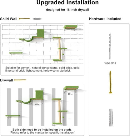 FUKUMARU Cat Wall Shelves, Stable & Safe 4 in 1 Cat Furniture Set, Wooden Climbing Wall with Scratching Post, Bridge and Bed, Stylish Jungle Gym for 16 Inch Drywall - Green