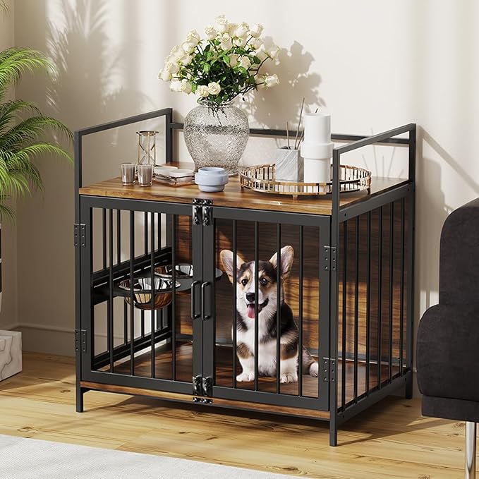 LOVMOR Dog Crate Furniture-Style Cages for Dogs Indoor Heavy Duty Super Sturdy Dog Kennels with 2 Stainless Steel Bowls and Dog Pad