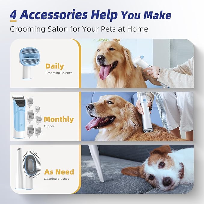 Dog Grooming Kit with Pet Grooming Vacuum, Dog Clipper, Pet Grooming Shedding Brush, Cleaning Tool in 1, Low Noise Dog Vacuum for Dogs Cats (Blue)